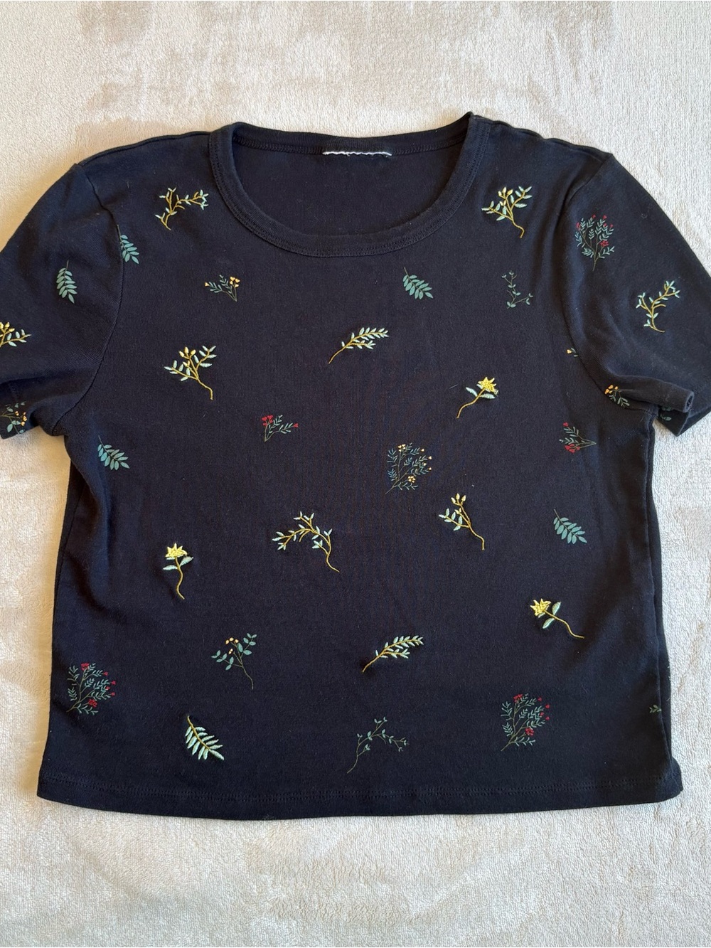 Topshop Black Floral Crop Tee with Embroidered Sprigs